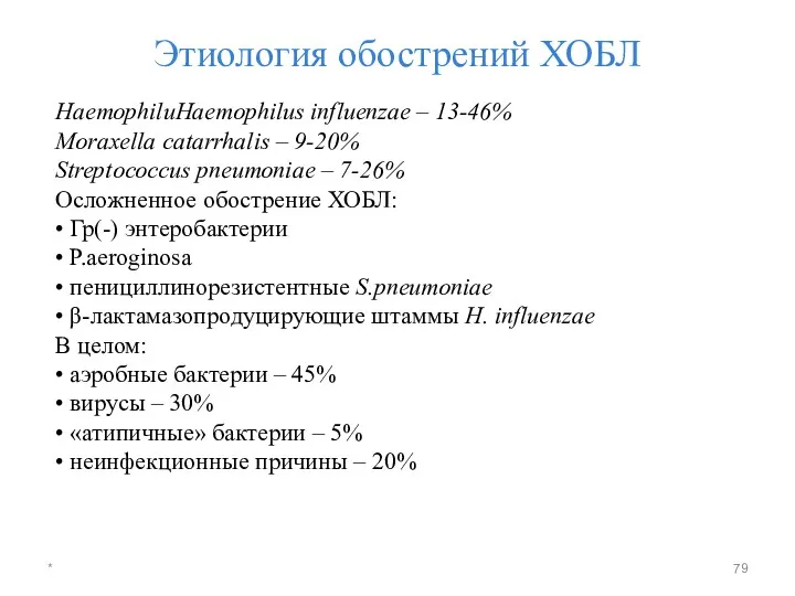 Этиология обострений ХОБЛ HaemophiluHaemophilus influenzae – 13-46% Moraxella сatarrhalis –