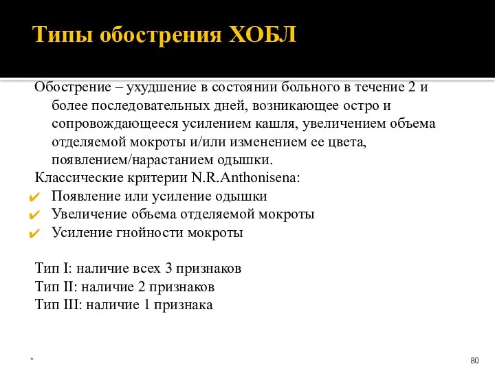 Типы обострения ХОБЛ Обострение – ухудшение в состоянии больного в