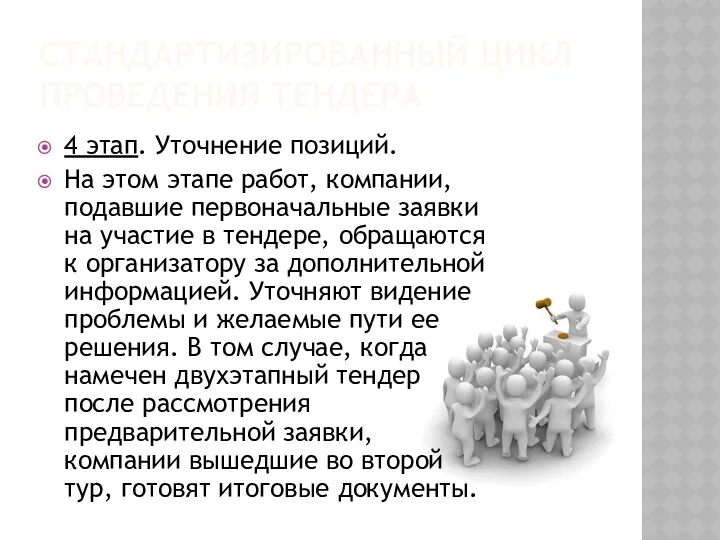 СТАНДАРТИЗИРОВАННЫЙ ЦИКЛ ПРОВЕДЕНИЯ ТЕНДЕРА 4 этап. Уточнение позиций. На этом