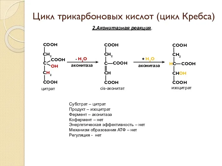 Цикл трикарбоновых кислот (цикл Кребса) 2.Аконитазная реакция. CООН CООH C CООH CH CH2