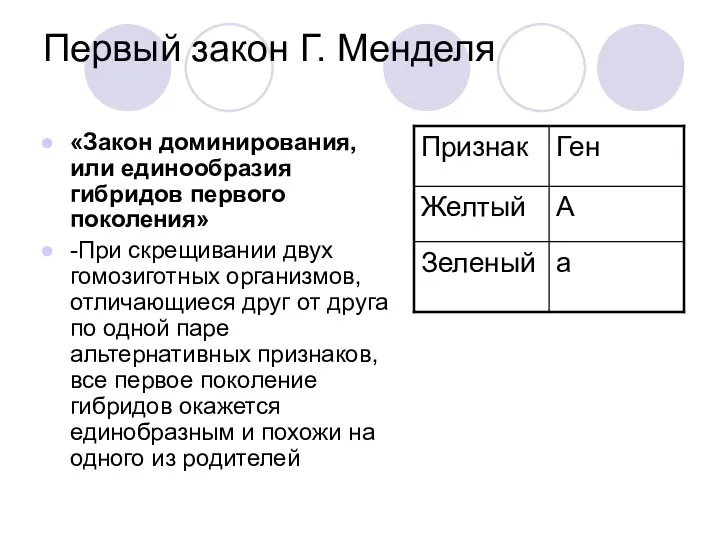 Первый закон Г. Менделя «Закон доминирования, или единообразия гибридов первого