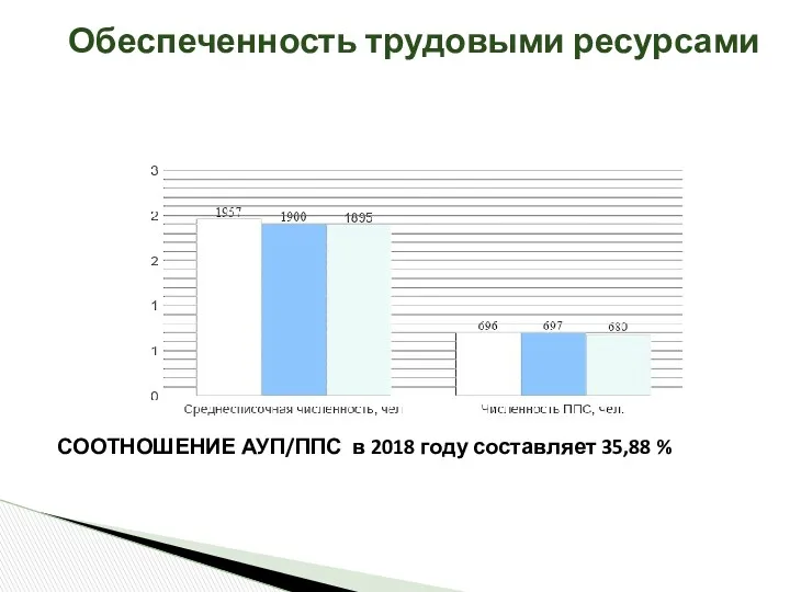 Обеспеченность трудовыми ресурсами СООТНОШЕНИЕ АУП/ППС в 2018 году составляет 35,88 %