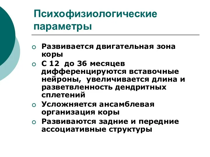 Психофизиологические параметры Развивается двигательная зона коры С 12 до 36