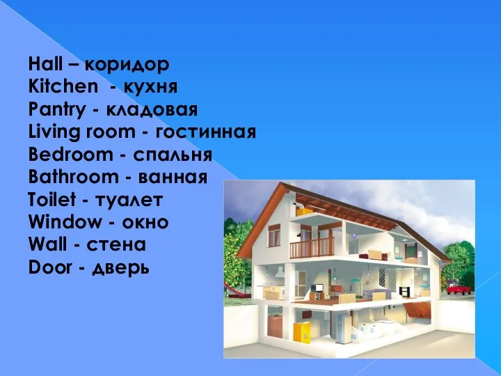 Hall – коридор Kitchen - кухня Pantry - кладовая Living