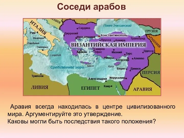 Соседи арабов Аравия всегда находилась в центре цивилизованного мира. Аргументируйте