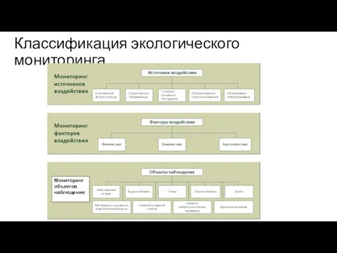 Классификация экологического мониторинга Мониторинг объектов наблюдения