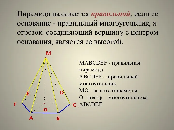 Пирамида называется правильной, если ее основание - правильный многоугольник, а