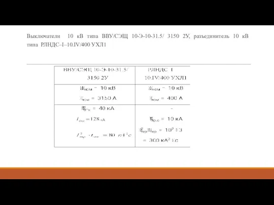 Выключатели 10 кВ типа ВВУ/СЭЩ 10-Э-10-31.5/ 3150 2У, разъединитель 10 кВ типа РЛНДС–I–10.IV/400 УХЛ1