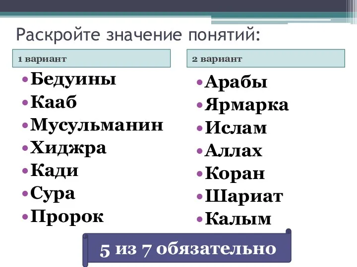 Раскройте значение понятий: 1 вариант 2 вариант Бедуины Кааб Мусульманин