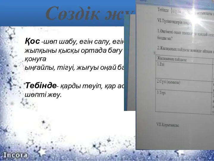 Сөздік жұмыс Қос -шөп шабу, егін салу, егін жинау, жылқыны