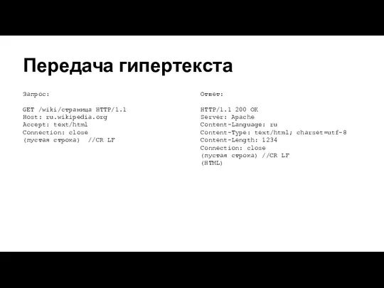 Передача гипертекста Запрос: GET /wiki/страница HTTP/1.1 Host: ru.wikipedia.org Accept: text/html