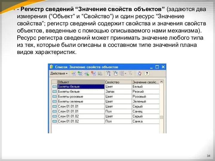 - Регистр сведений “Значение свойств объектов” (задаются два измерения (“Объект” и “Свойство”) и