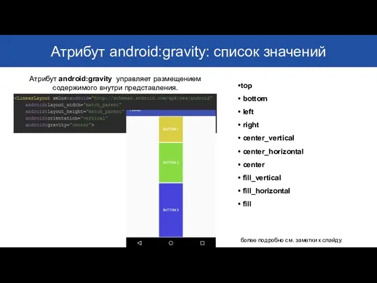 Атрибут android:gravity: список значений top bottom left right center_vertical center_horizontal
