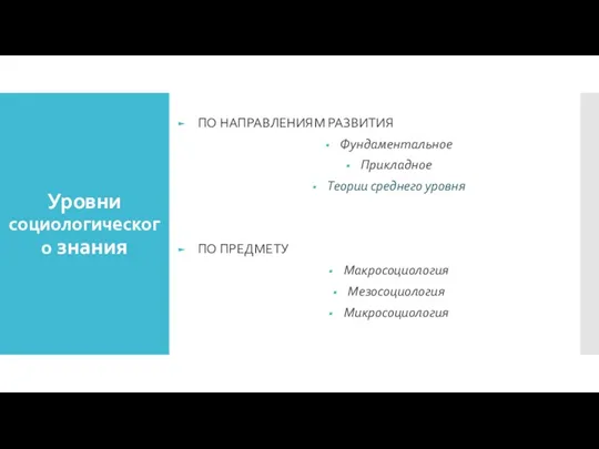 Уровни социологического знания ПО НАПРАВЛЕНИЯМ РАЗВИТИЯ Фундаментальное Прикладное Теории среднего уровня ПО ПРЕДМЕТУ Макросоциология Мезосоциология Микросоциология