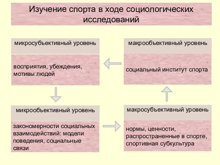 Изучение спорта в ходе социологических исследований микросубъективный уровень макрообъективный уровень