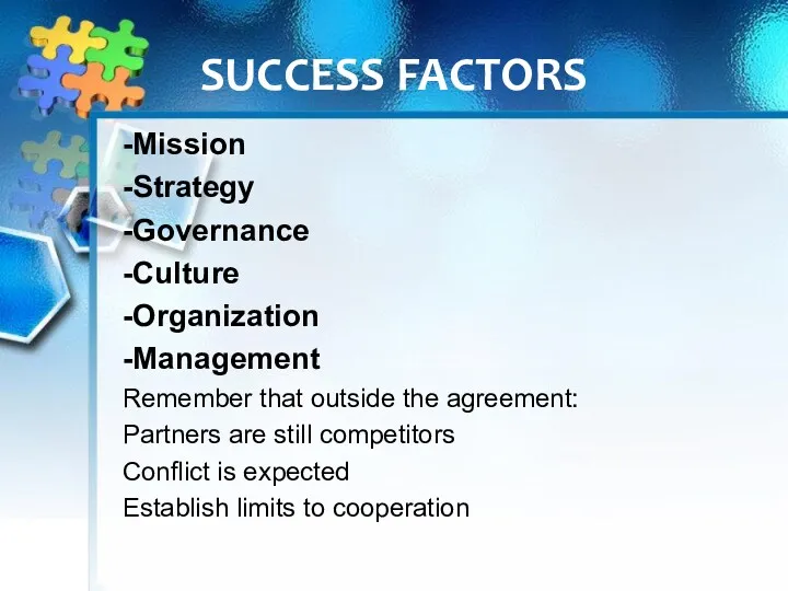 SUCCESS FACTORS -Mission -Strategy -Governance -Culture -Organization -Management Remember that outside the agreement: