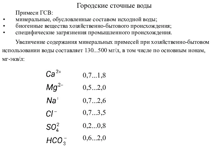 Городские сточные воды Примеси ГСВ: минеральные, обусловленные составом исходной воды;