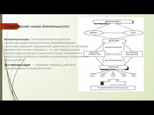 Структурная схема деятельности Интериоризация-в отечественной психологии интериоризация трактуется как преобразование