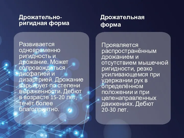 Дрожательно-ригидная форма Развивается одновременно ригидность и дрожание. Может сопровождаться дисфагией