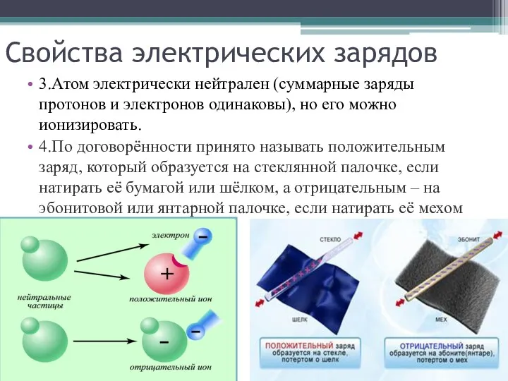 Свойства электрических зарядов 3.Атом электрически нейтрален (суммарные заряды протонов и