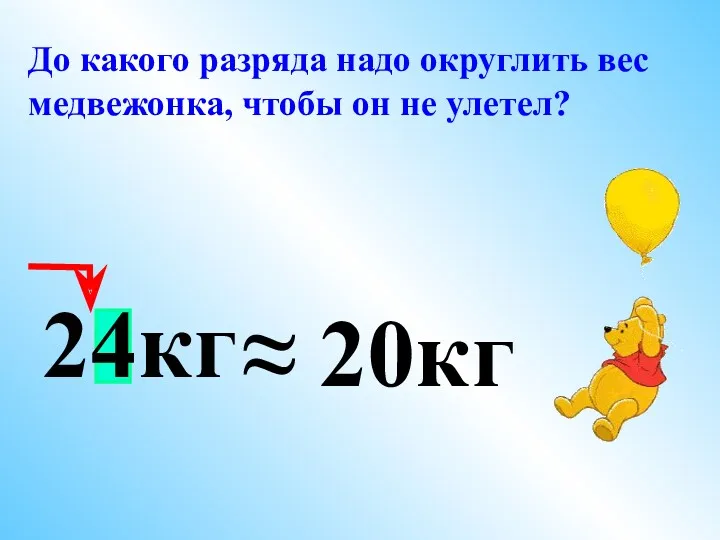 24кг До какого разряда надо округлить вес медвежонка, чтобы он не улетел? ≈ 20кг