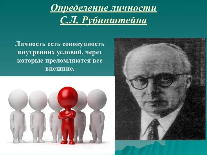 Личность есть совокупность внутренних условий, через которые преломляются все внешние. Определение личности С.Л. Рубинштейна