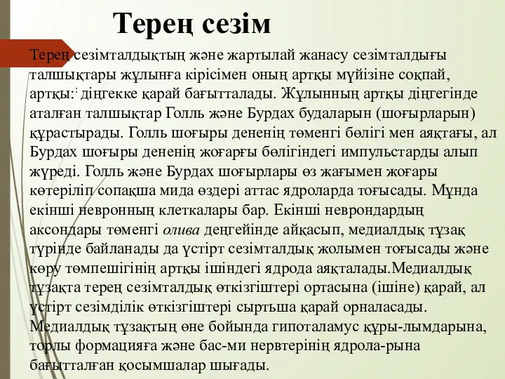 Терең сезім Терең сезімталдықтың және жартылай жанасу сезімталдығы талшықтары жұлынға