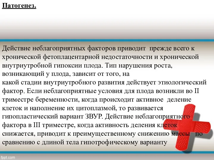 Патогенез. Действие неблагоприятных факторов приводит прежде всего к хронической фетоплацентарной