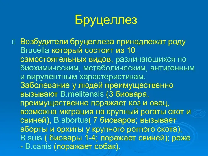 Бруцеллез Возбудители бруцеллеза принадлежат роду Brucella который состоит из 10