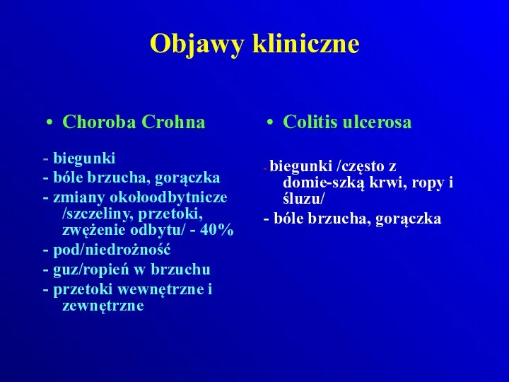 Objawy kliniczne Choroba Crohna - biegunki - bóle brzucha, gorączka