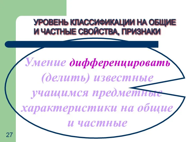 Умение дифференцировать (делить) известные учащимся предметные характеристики на общие и