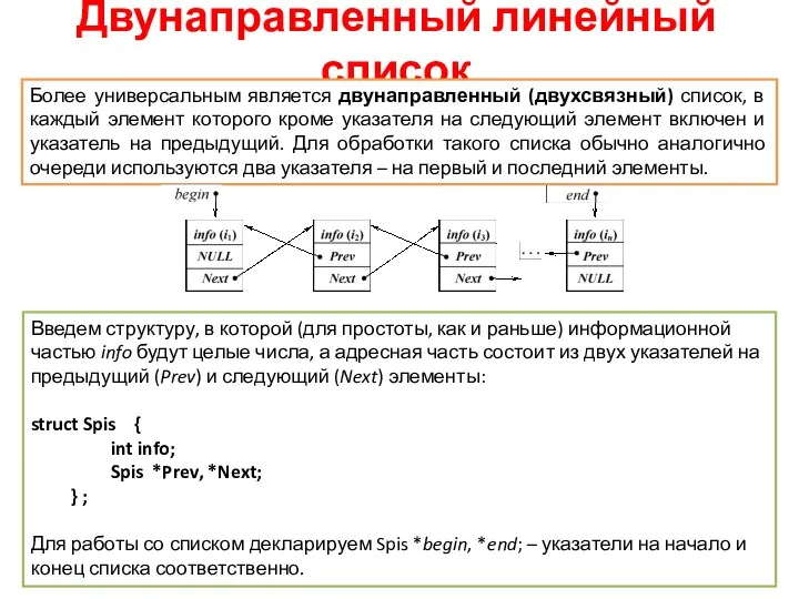 Двунаправленный линейный список Более универсальным является двунаправленный (двухсвязный) список, в