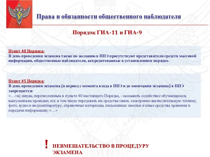 Права и обязанности общественного наблюдателя Пункт 40 Порядка: В день