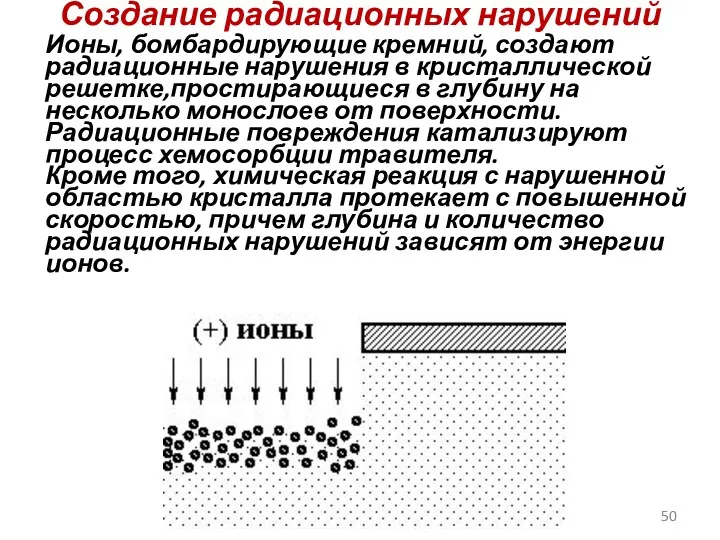 Создание радиационных нарушений Ионы, бомбардирующие кремний, создают радиационные нарушения в