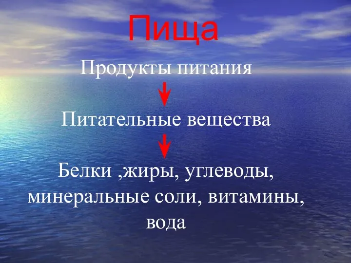 Пища Продукты питания Питательные вещества Белки ,жиры, углеводы, минеральные соли, витамины, вода