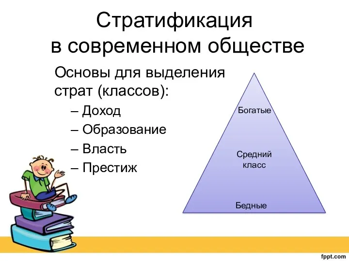 Стратификация в современном обществе Основы для выделения страт (классов): Доход