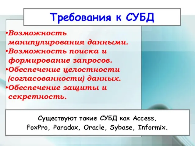 Требования к СУБД Существуют такие СУБД как Access, FoxPro, Paradox,