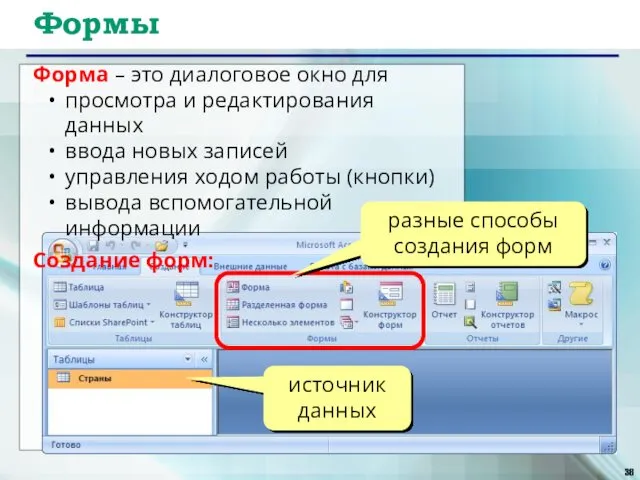 Формы Форма – это диалоговое окно для просмотра и редактирования