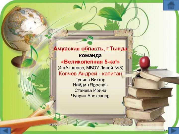 Амурская область, г.Тында команда «Великолепная 5-ка!» (4 «А» класс, МБОУ