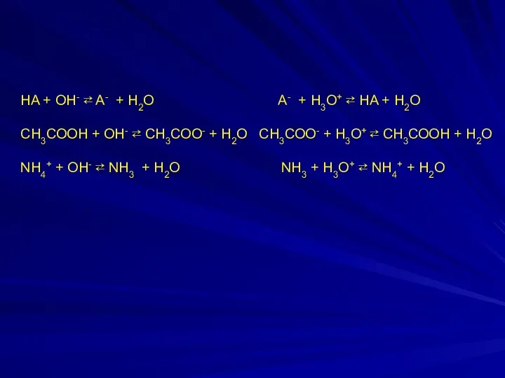 HA + ОH- ⇄ A- + H2O A- + H3O+