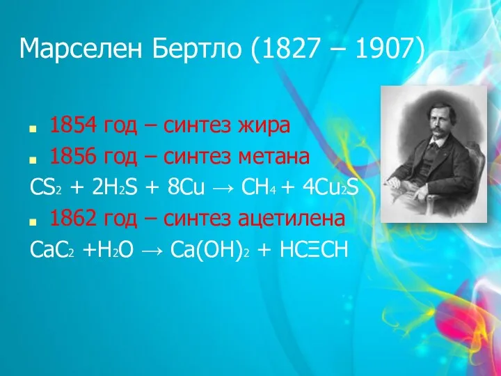 Марселен Бертло (1827 – 1907) 1854 год – синтез жира