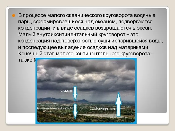 В процессе малого океанического круговорота водяные пары, сформировавшиеся над океаном,