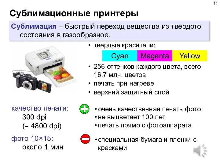 Сублимационные принтеры качество печати: 300 dpi (= 4800 dpi) фото 10×15: около 1