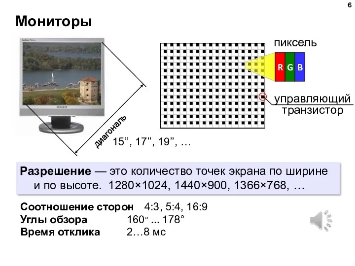 Мониторы управляющий транзистор 15’’, 17’’, 19’’, … Разрешение — это количество точек экрана