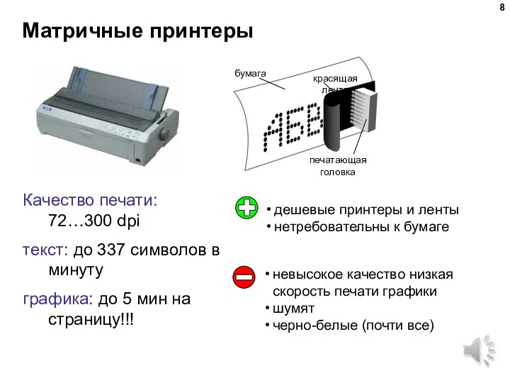 Матричные принтеры Качество печати: 72…300 dpi текст: до 337 символов в минуту графика: