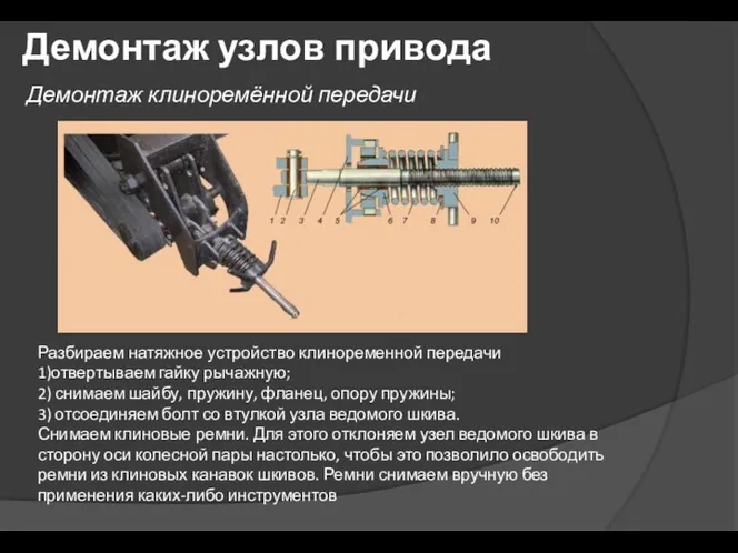 Демонтаж узлов привода Демонтаж клиноремённой передачи Разбираем натяжное устройство клиноременной