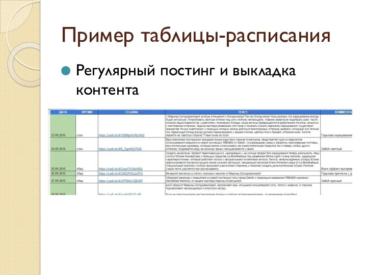 Пример таблицы-расписания Регулярный постинг и выкладка контента