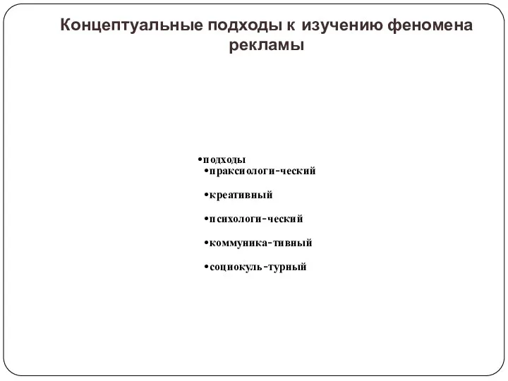 Концептуальные подходы к изучению феномена рекламы подходы праксиологи-ческий креативный психологи-ческий коммуника-тивный социокуль-турный