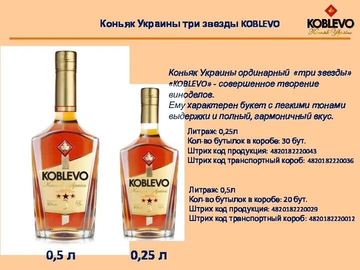 Коньяк Украины три звезды KOBLEVO 0,5 л 0,25 л Коньяк