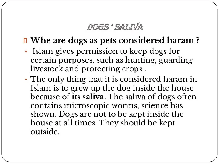 Dogs ‘ saliva Whe are dogs as pets considered haram